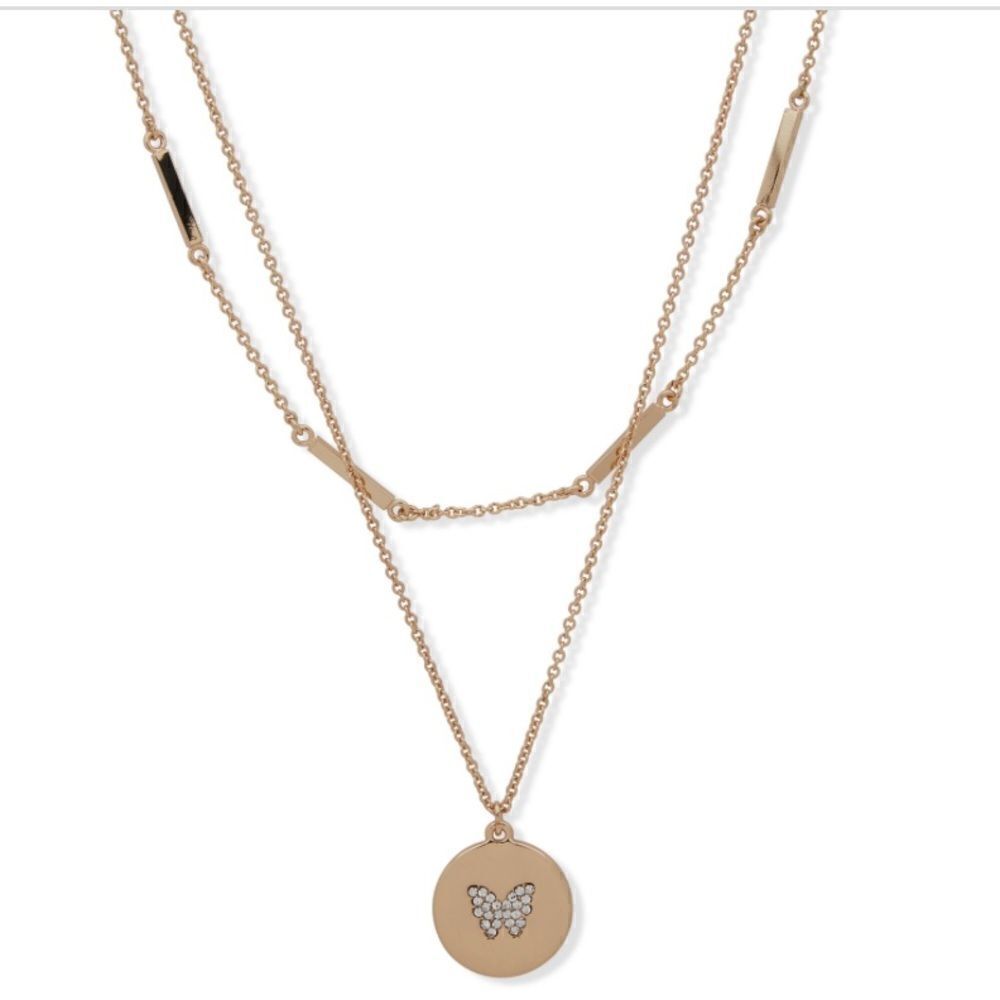 NWT Dkny Gold-Tone Bar & Pave Butterfly Layered Pendant Necklace
